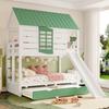 Bunk Bed Kids 90x200 House Bed Loft Bed Slide Ladder Gable Roof Window Pull-Out Bed Slatted Frame Fall Protection Pine White+Green