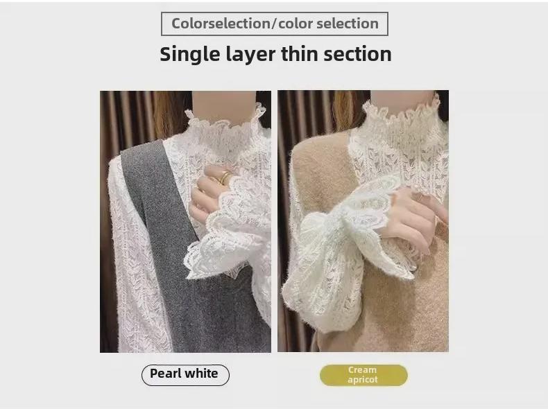 Женский топ-полуводолазка из утолщенного бархата с кружевом - элегантная мода осень/зима 2024