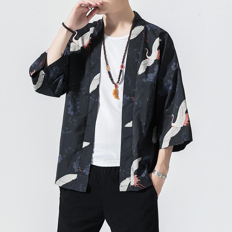 Мужской принт кимоно в стиле три четверти, костюм самурая, юката, азиатская одежда, кардиган, верхняя одежда, большие размеры