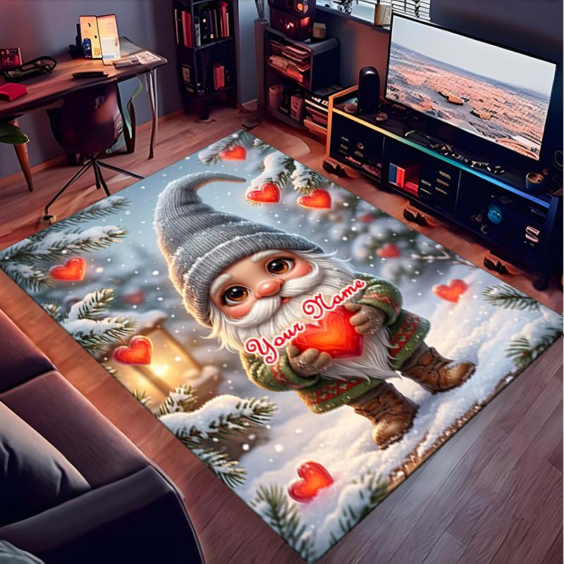 1PC Custom Name Gnome Heart Snow Theme Floor Mat Ideal for Living Room, Game Rooms, Office, Bedroom,Floor Mat Playful Design
