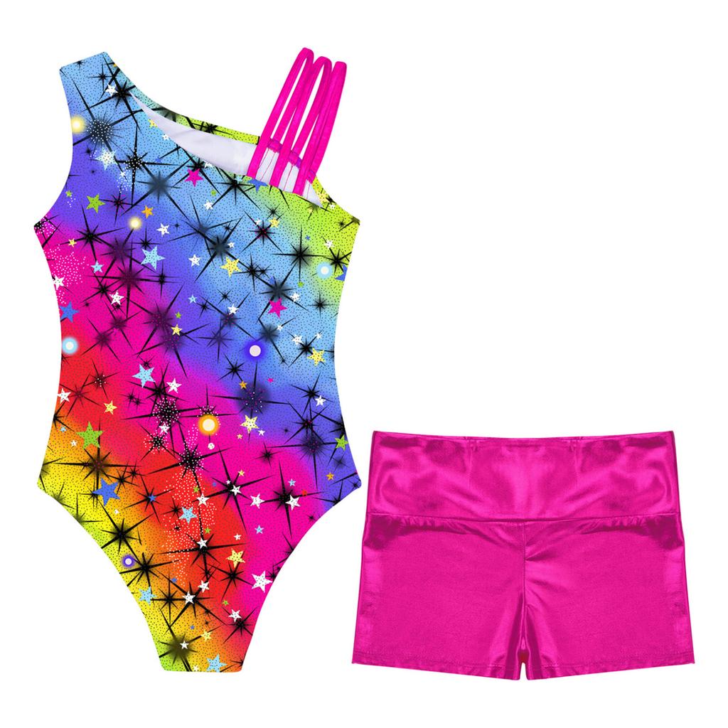 Детские гимнастические купальники без рукавов с асимметричными бретелями и шортами для девочек, спортивные танцевальные велосипедки