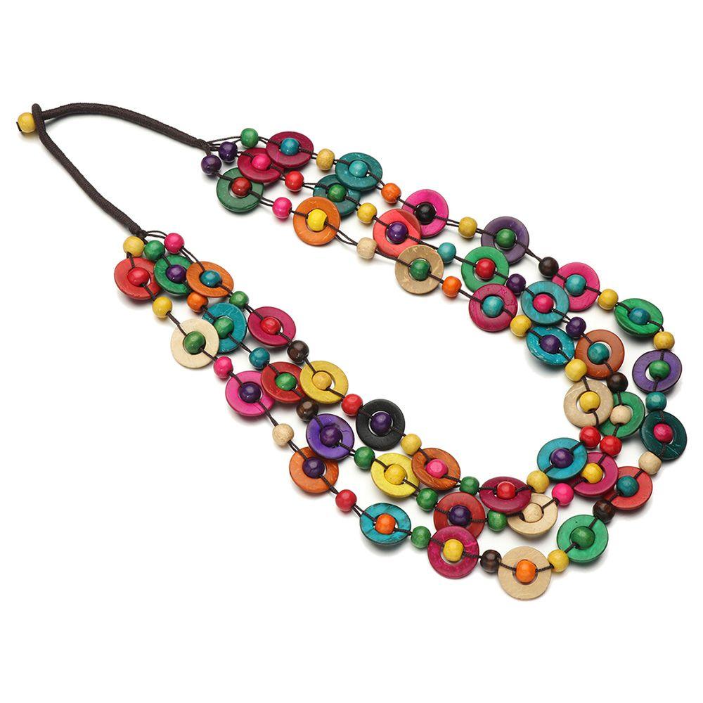 Women Bead Woven Long Necklace Bohemian Ethnic Coconut Shell Pendant Multi-layered