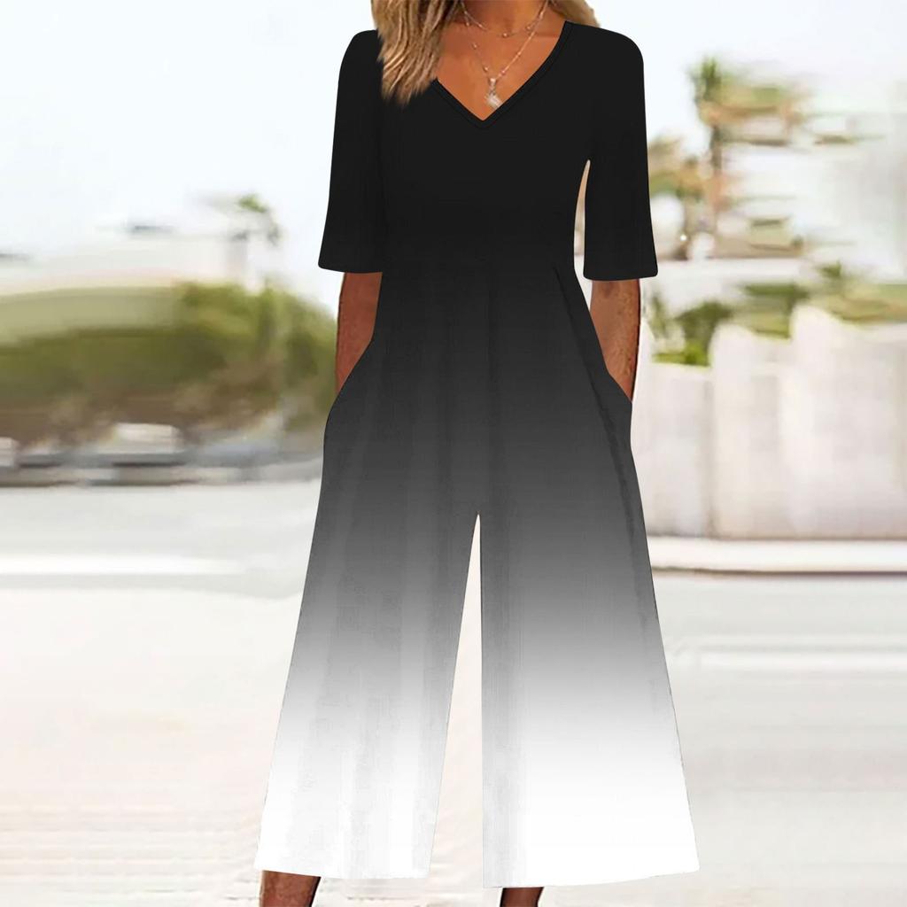 Женский свободный повседневный комбинезон с V-образным вырезом и градиентным принтом, приталенный, с широкими штанинами