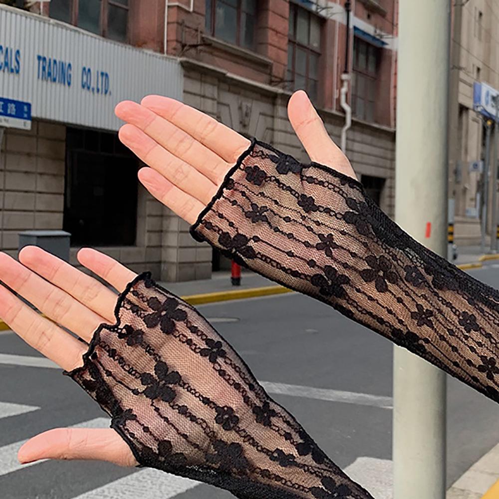 Summer Sunscreen Shade Sleeves Women Lace UV Thin Breathable Oversleeves Outdoor Cycling Driving Fingerless Sleeves
