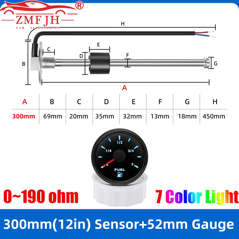 ZMFJH 0-190ohm Fuel Level Sensor 100~550MM 7 Color Backlight 52MM Fuel Level Gauge for Marine Boat Car Camper Oil Tank Meter