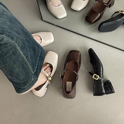 Ретро женская обувь Новая обувь с квадратным носком с мелким вырезом Толстый средний каблук Обувь-лодочки