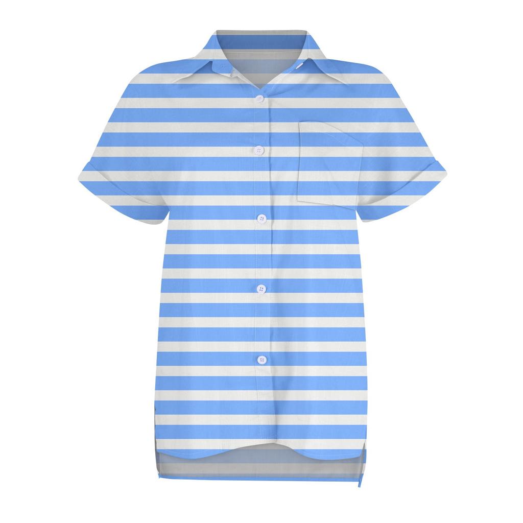 Женская свободная повседневная рубашка с короткими рукавами и отворотом с цифровым принтом и карманом