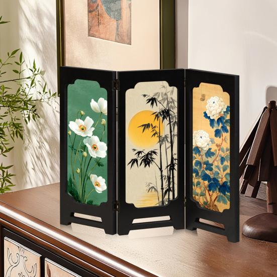 Мини Цветочный Складной Экран Рустик 3 Панели Перегородки для Комнаты Китайский Стиль Винтажный Настольный Складной Экран Фэн-шуй Украшения для Дома Офиса Декора Стола