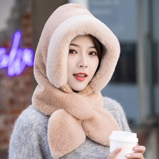 Autumn Winter Warm Hat Plush Lining Windproof Integrated Headwear Scarf for Women Cold Protection 3-in-1 Neck & Ears Warmer Plush Hat for Motorcycle