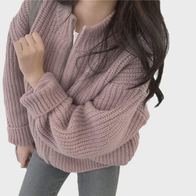 Korean Chic Loose Casual Zippered Knitted Cardigan - Autumn/Winter Ladies Sweater, Solid Color, Versatile & Thick