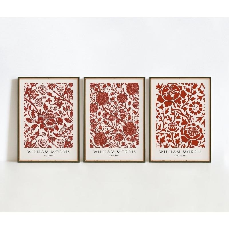 Set of 3 William Morris Prints, Botanical Wall Decor, Vintage Red Pattern Poster, Retro Canvas, Printable Decor