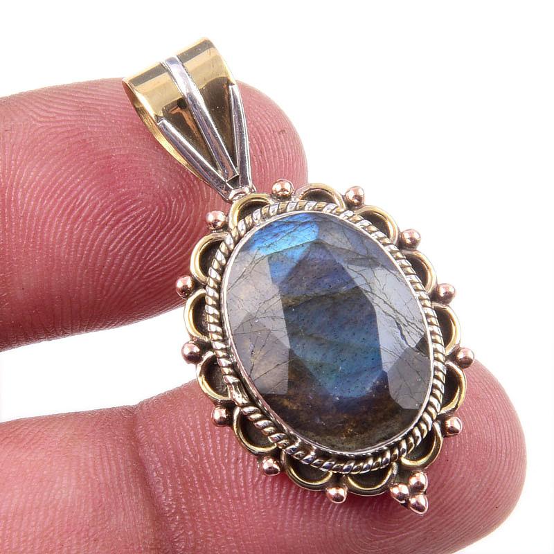 Natural Labradorite 925 Solid Sterling Silver Jewelry TwoTone Pendant 1.50" A7j48