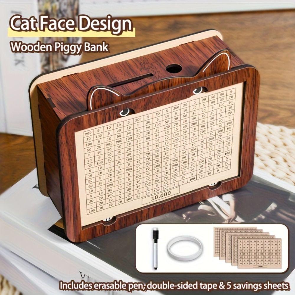 Деревянная копилка с дизайном мультяшного кота, многоразовая копилка с счетчиком целей, большая емкость, счетчик наличных, сейф