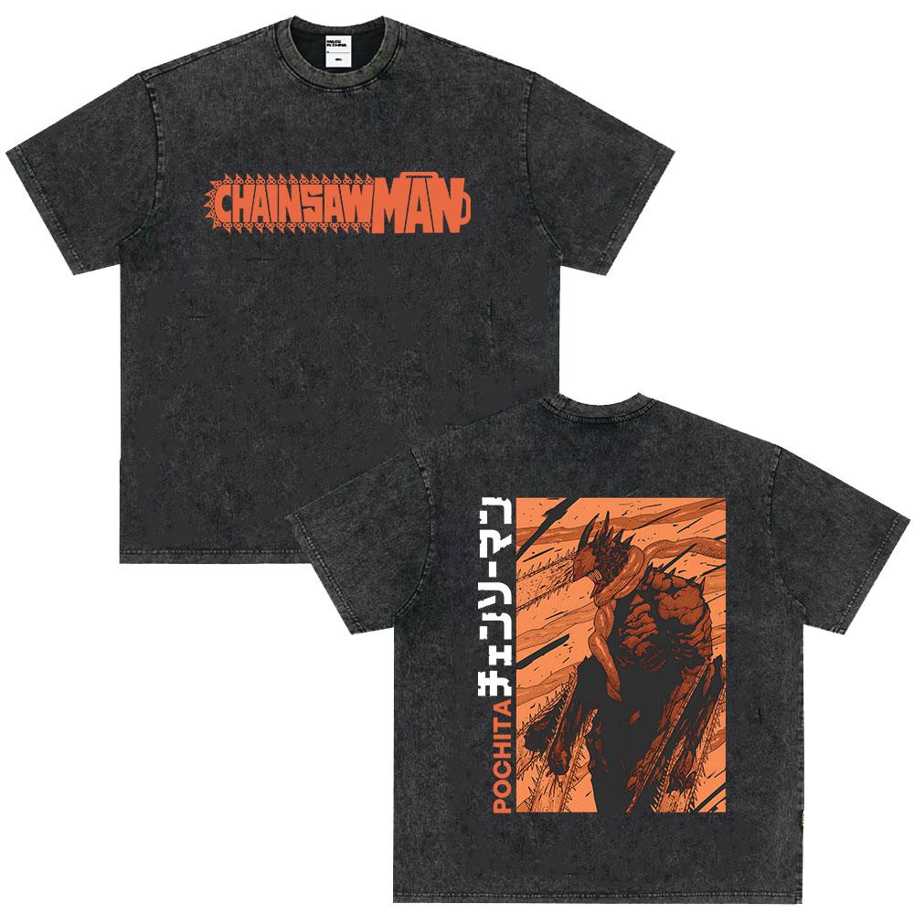 Japanese Anime Chainsaw Man Kobeni Metal Denji Tshirt Vintage Washed Manga Graphic T Shirts Unisex Couples Short Sleeve T Shirt