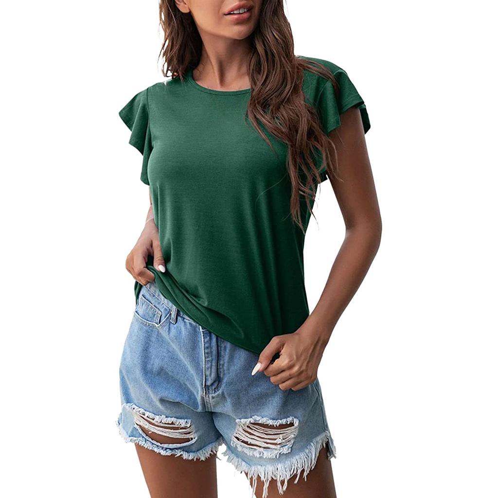 Женская мода с круглым вырезом и рюшами с коротким рукавом, однотонная повседневная футболка