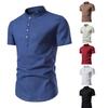Men's Summer Solid Color Plus Size Slim Short-sleeved Shirt Standing Business Collar Simple Cotton Linen Blouse
