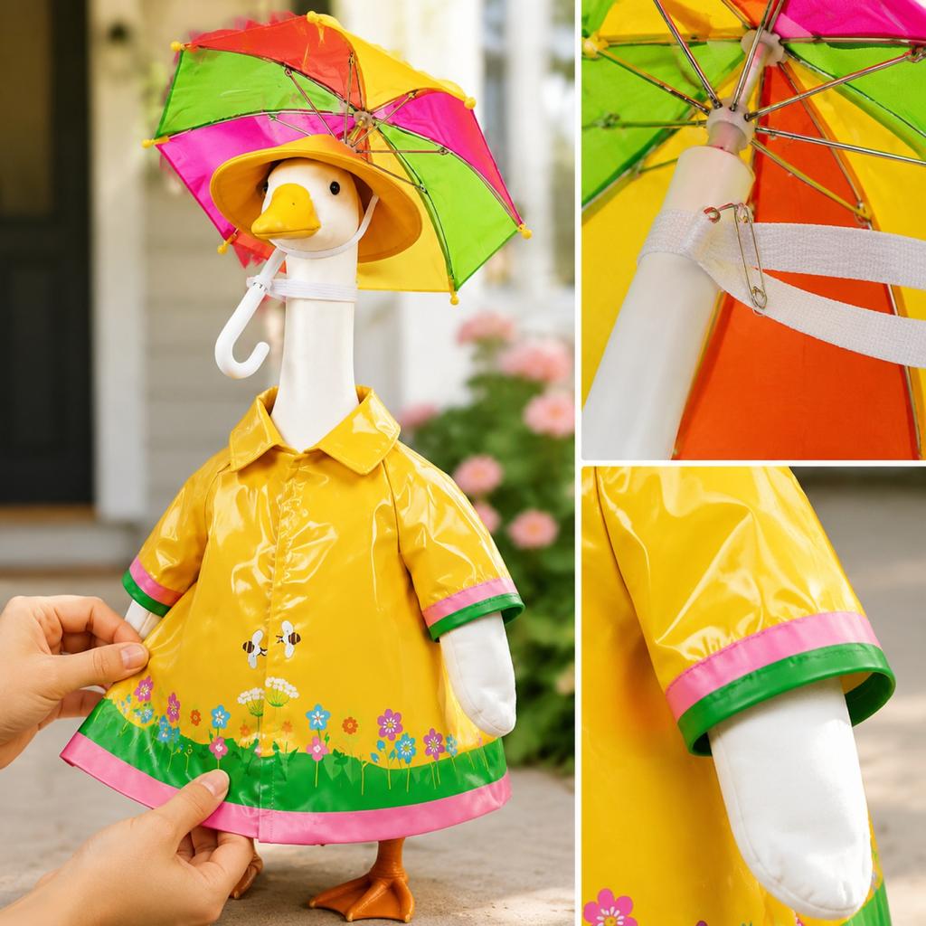 23 Inch Large White Goose Holiday Decoration Outfit Set Includes Raincoat Hat Umbrella and Fastening Accessories Suitable for Porch Display