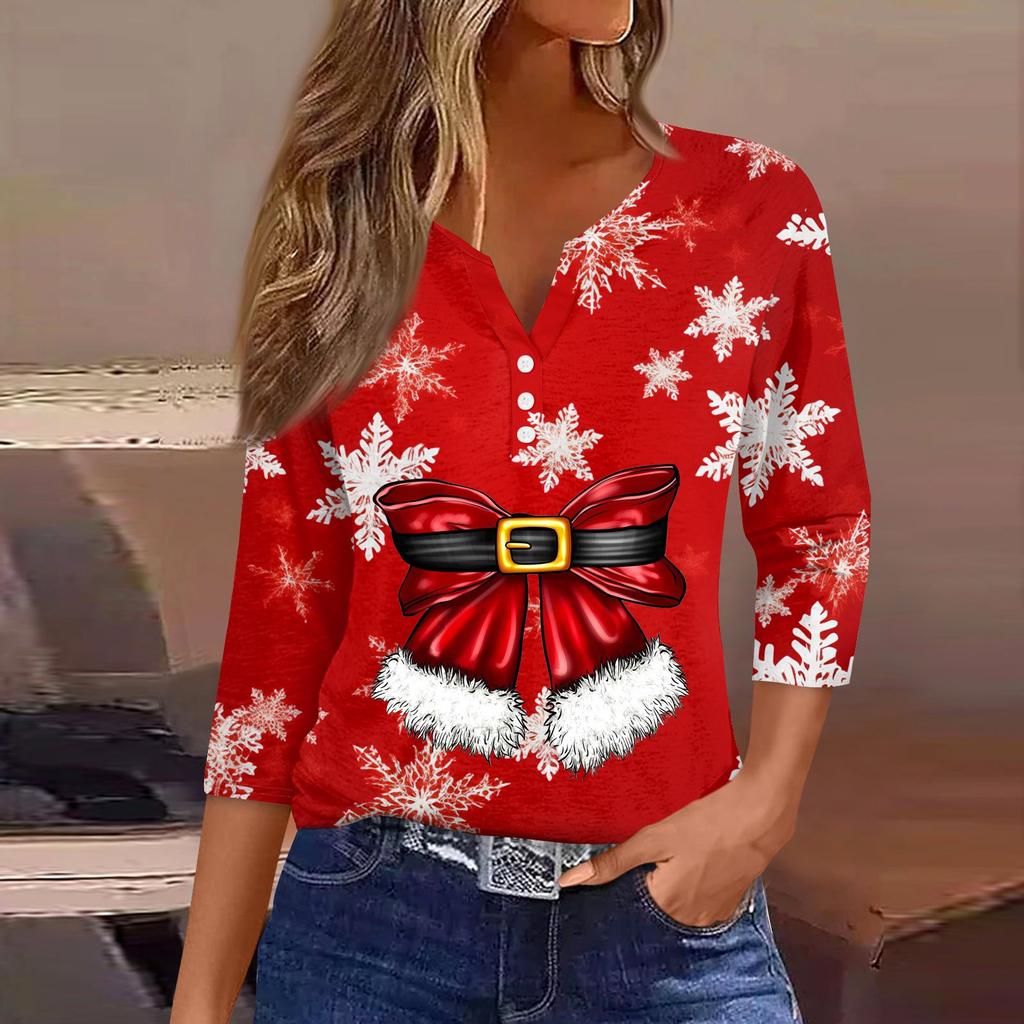 Женская рубашка с рукавом семь дюймов, напечатанная в стиле ретро, повседневная, свободная, с V-образным вырезом, рождественская