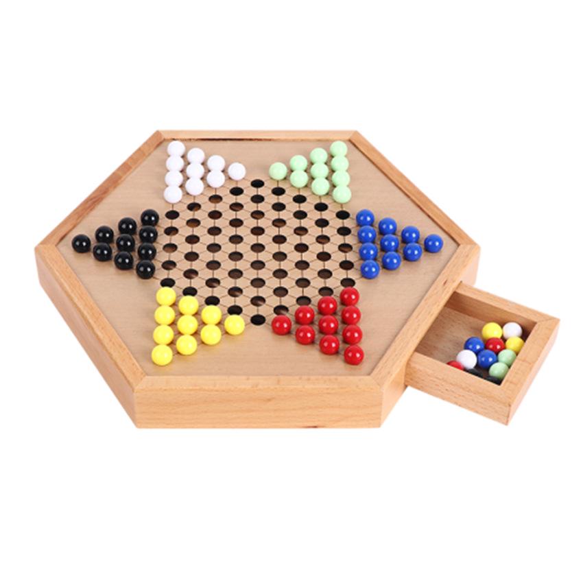 Checker Glass Marbles Wooden Tabletop Game, Chess, Card Game, Competitive Puzzle Toy with Drawer-style Storage.