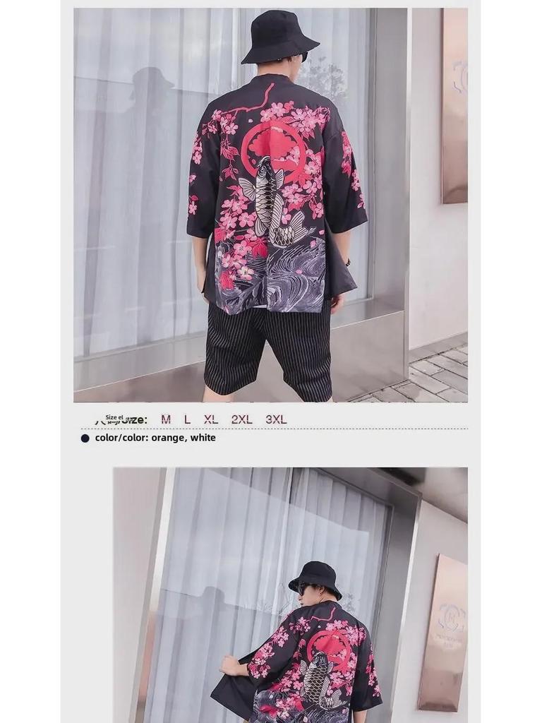 Унисекс японский ретро-кимоно-кардиган Ukiyoe - темный, свободный крой, рукав 3/4