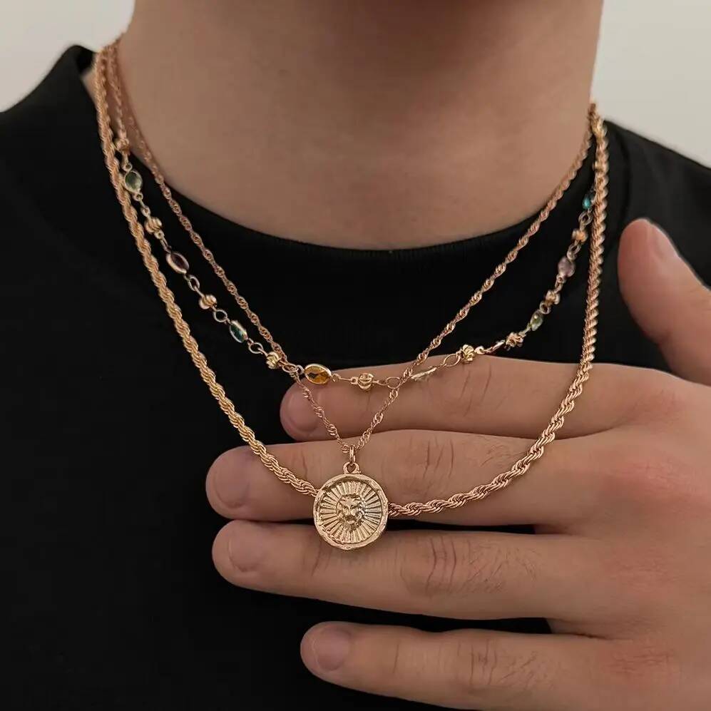 SHIXIN Exquisite 3Pcs/set Trendy Crystal Choker Coin Pendant Necklace Men Punk Charms Gold Color Twist Clavicle Chains Jewelry