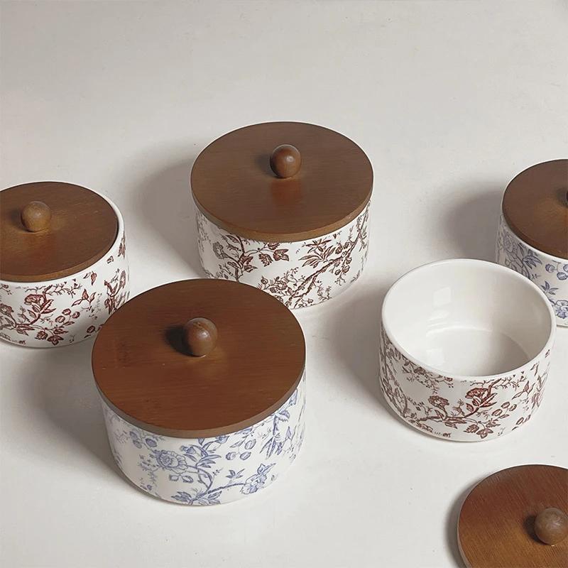 Керамическая коробка для хранения в стиле ретро с французскими цветами, чаша для ароматерапии, герметичная банка для хранения, коробка для хранения ювелирных изделий с деревянной крышкой