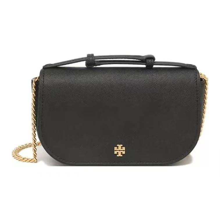 Tory Burch Emerson Silver Double T Logo Minimalist Flap Closure Detachable Shoulder Strap Leather Crossbody Tote Bag Women Bags Black 134841-001