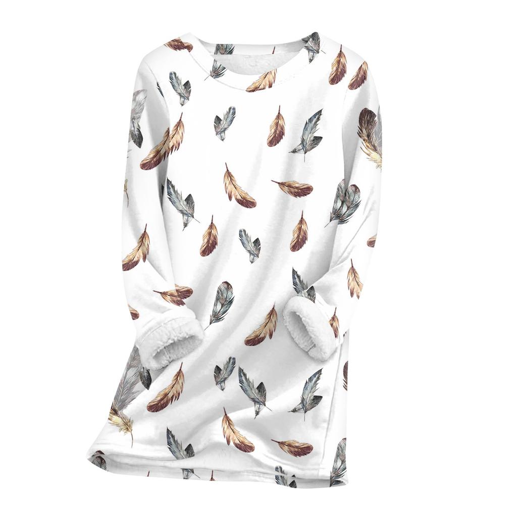 Женский топ с круглым вырезом и принтом из утолщенного плюша и кашемира, теплый длинный топ