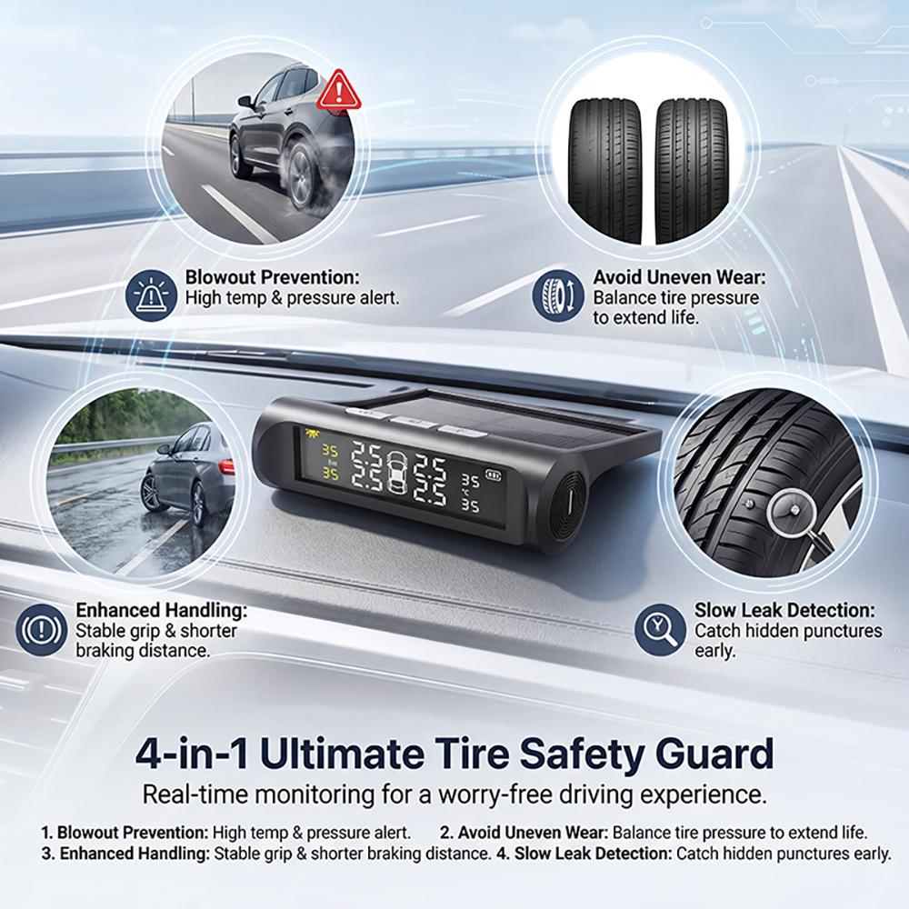 Car Tire Pressure Monitoring System TPMS Solar Charging 4 Internal/External Sensor Real-time Display Auto Alarm Car Accessories