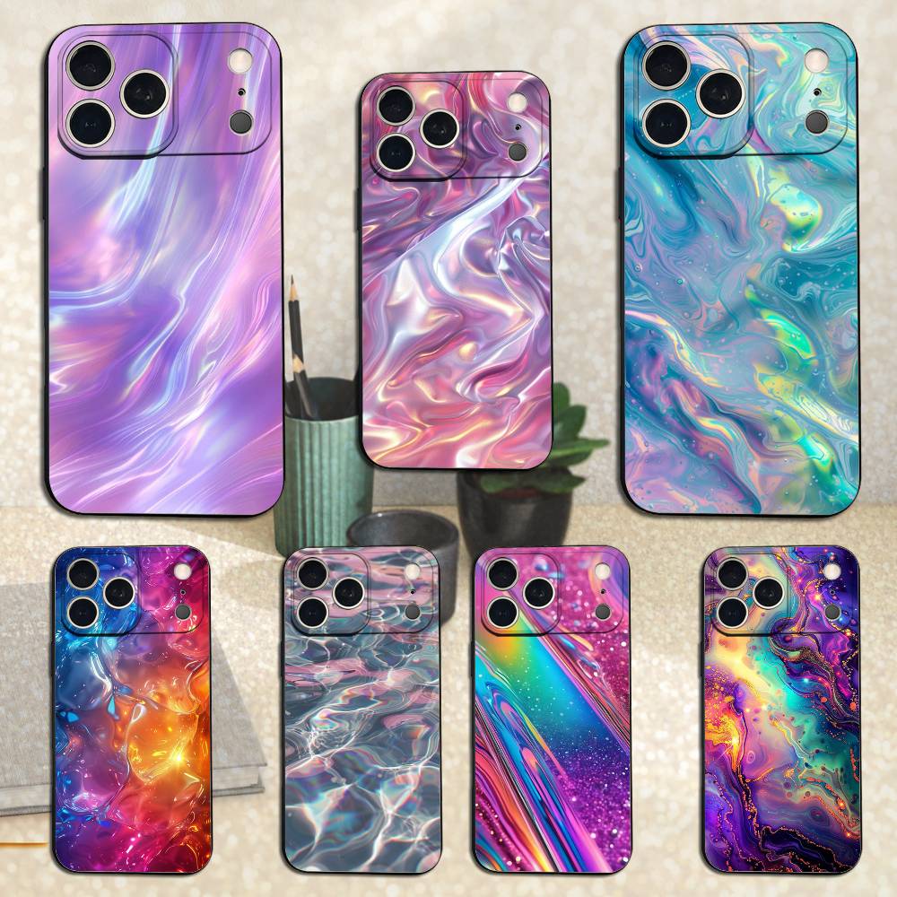 Радужный голографический чехол для iPhone 15,16,12,14,17,13,11,Plus,Pro Max,8,7,XR,SE,XS,X,Mini,Мягкий силикон, Черный
