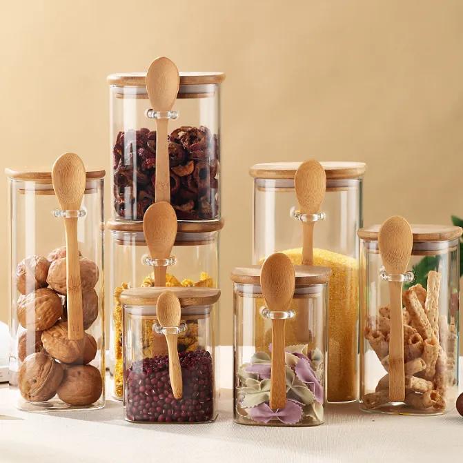 Food Storage Jars Airtight Glass Jar with Wooden Lid and Spoon Kitchen Canisters Coffee Sugar Beans Tea Storage Bottle Kitchen Organizer LE875