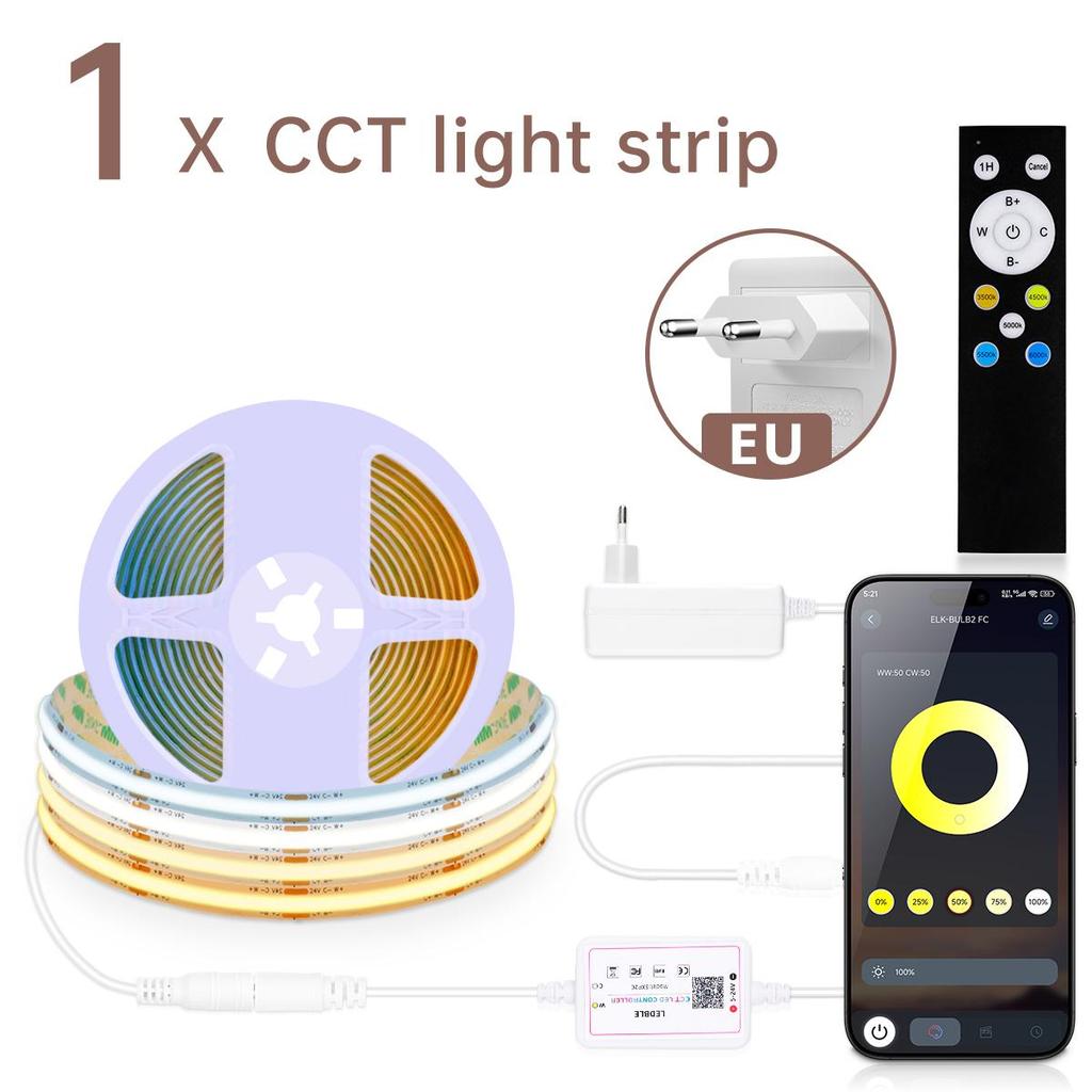 Bluetooth CCT COB Светодиодная лента 2700K-6500K Диммируемая лампа Светодиодная лента Управление через приложение Для декора освещения комнаты кухни 24В 2М 5М