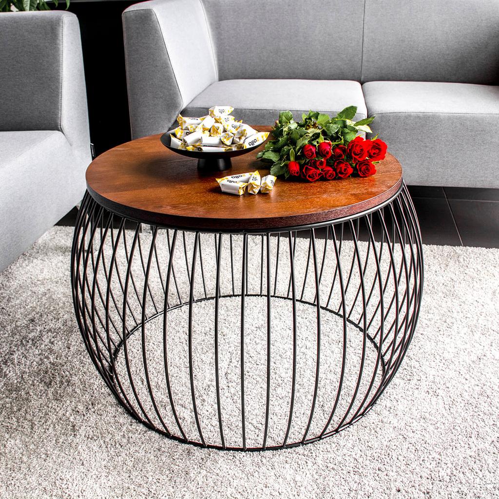 Loft round coffee table, black metal, wooden table, brown bench, 60cm