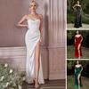 Women Evening Dress Spaghetti Strap Low-cut Off Shoulder Backless Sleeveless Slit Hem Pleated Maxi Dress Satin Wedding Banquet Ball Gown