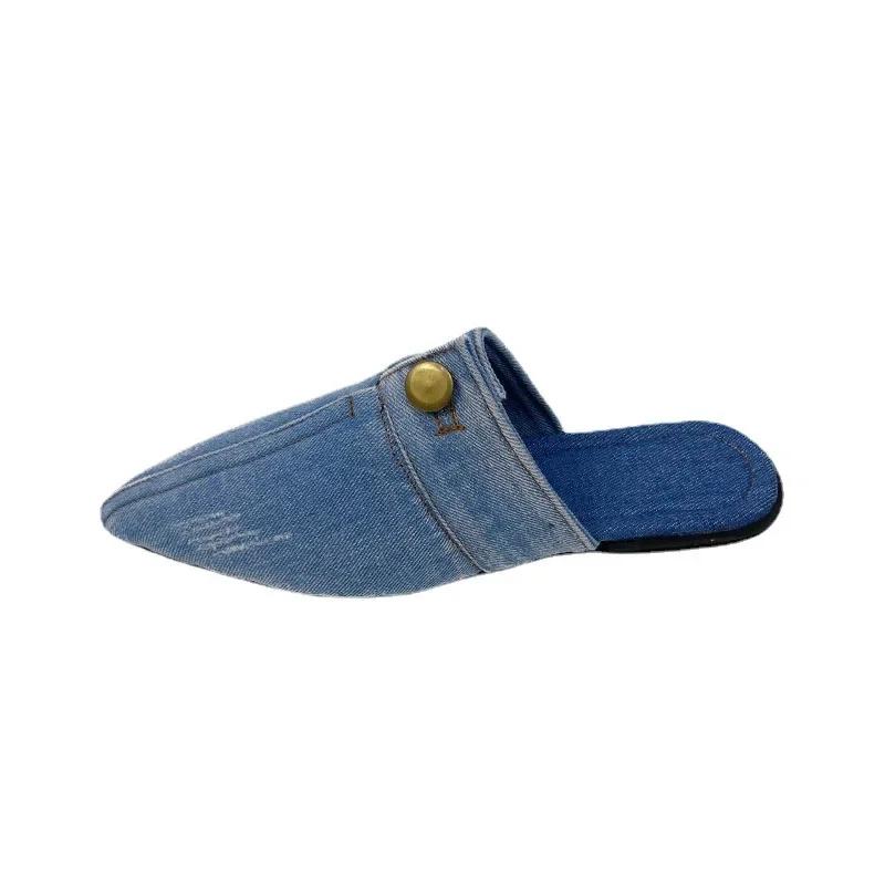 Fashion Washed Denim Flat-bottomed Bag Head Slippers, Women Wear Large-size Pointed Mueller Half-tow Single Shoes