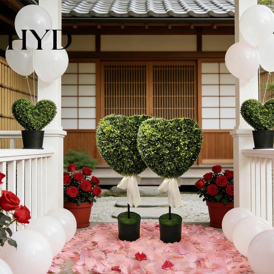 Lazy Person Plant Decor Artificial Green Plants Heart Shape Potted with White Ribbon Bow Tie Indoor Faux Arrangement No Maintenance Mini Heart-Shaped