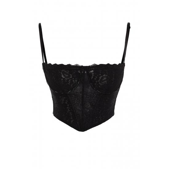 Crop Lined Corset Detailed Lace Bustier