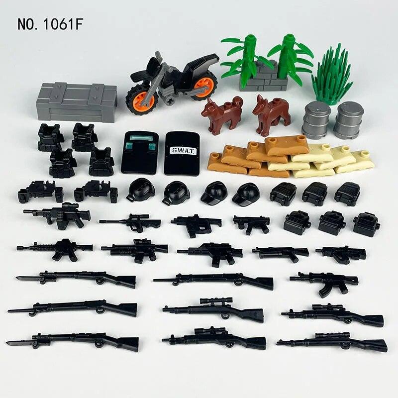 WW2 Military Parts Scene DIY Mini Motorcycle Dog Sandbag Weapon Building Blocks Bricks Toys Gifts