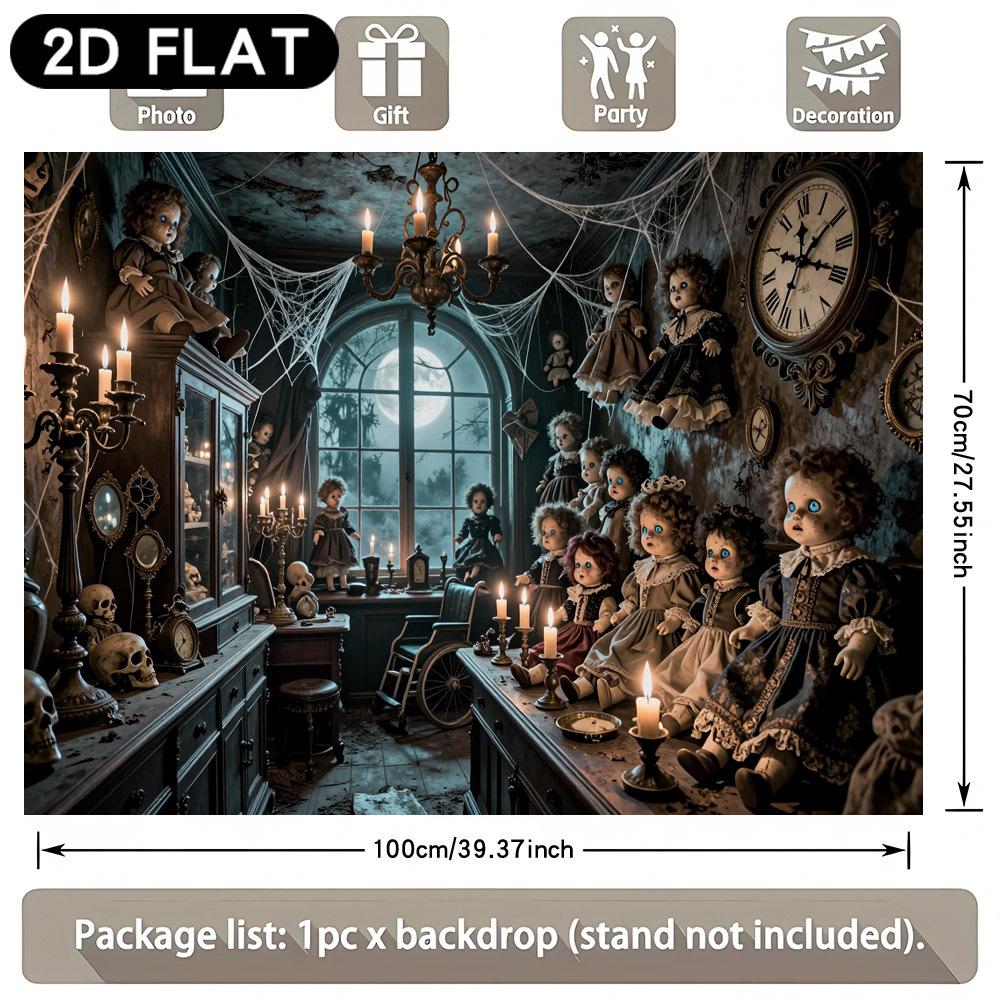 2D flat banner 1 piece - Halloween background fabric, depicting an old doll and a candlelit room. Made of polyester.
