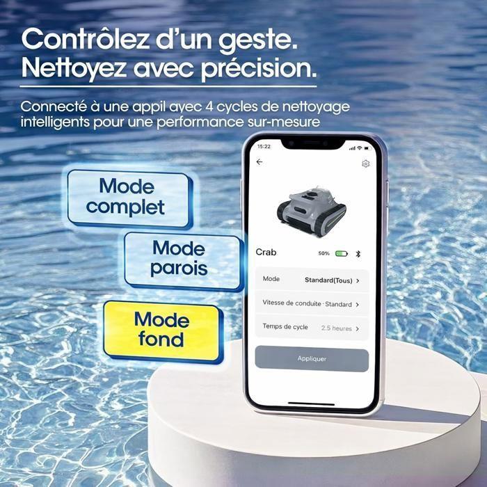 Robot Piscine Sans Fil, 180min&amp;200m² d'Autonomie, Nettoyage Fond, Parois et Ligne d'eau, Contrôle Via App, Aspirateur Puissant