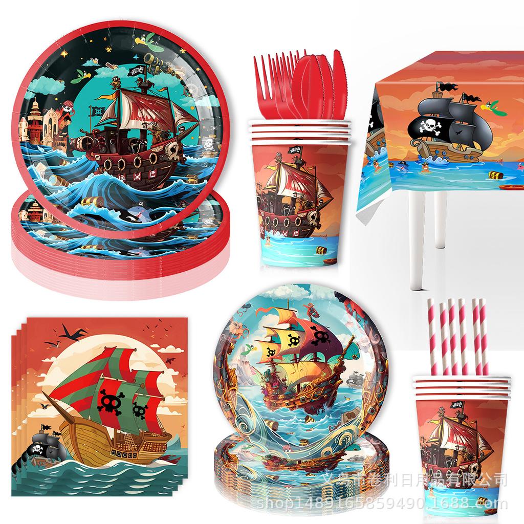 Pirate Ship Theme Party Decoration Pirate Party Banner Flag Paper Plate Paper Cup Tissue Tablecloth