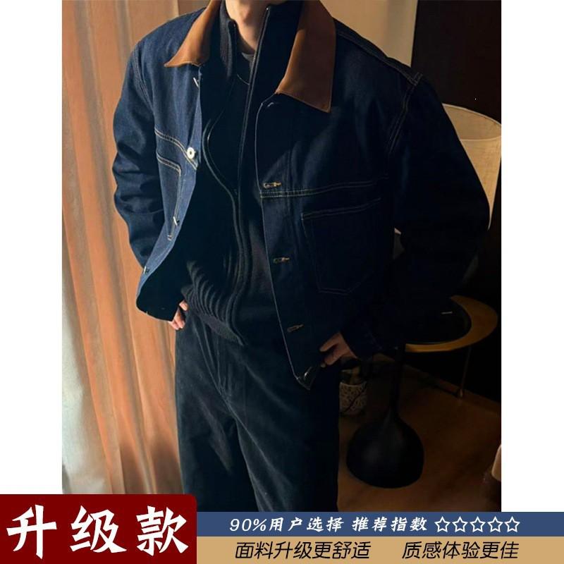 Mens Vintage Barn Style Denim Jacket Loose Fit Collar Coat Casual Outerwear