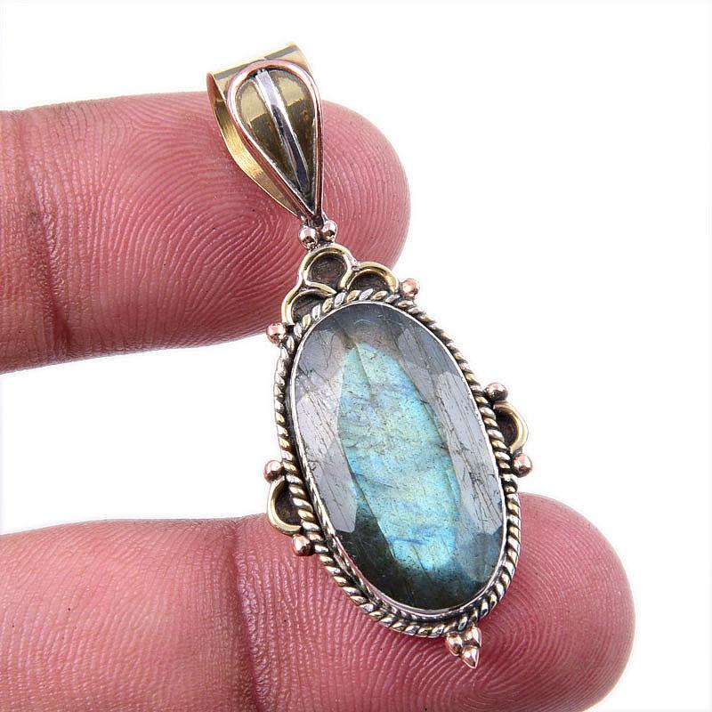 Natural Labradorite 925 Solid Sterling Silver Jewelry TwoTone Pendant 1.75" O0b48