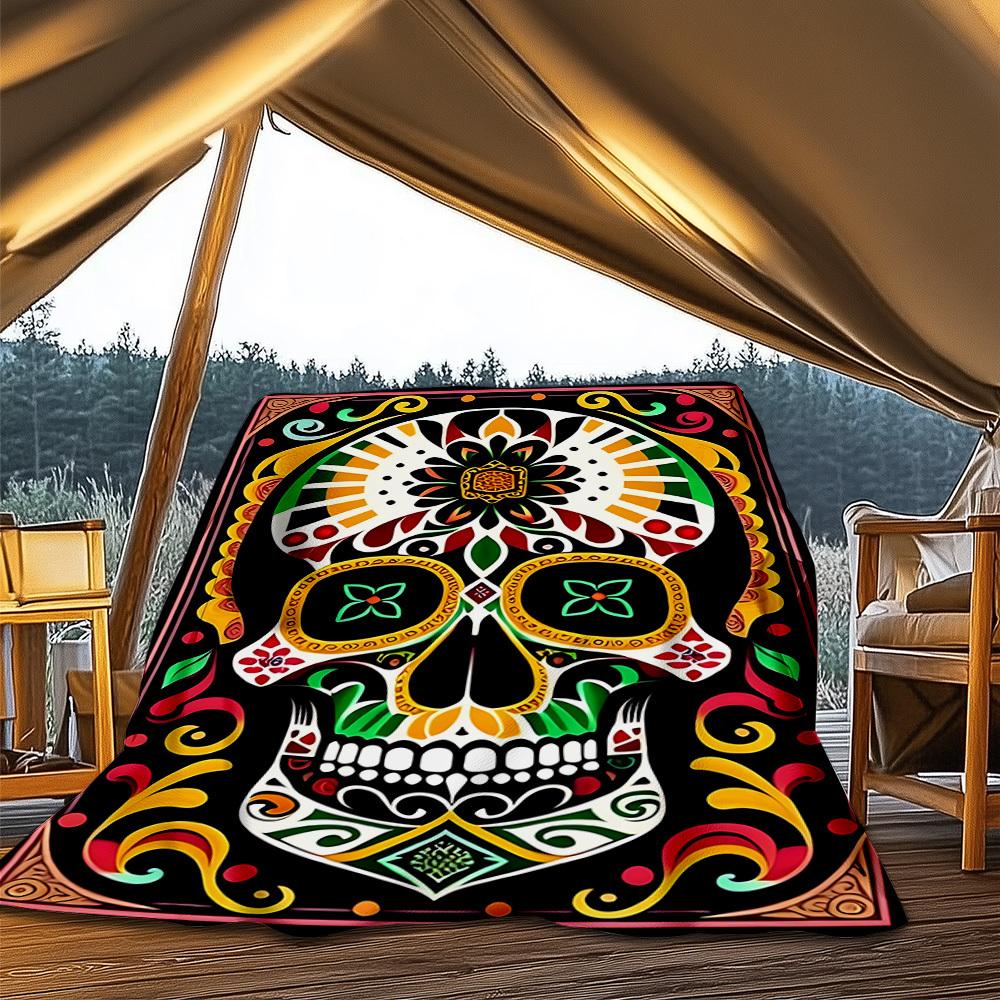 1pc Sugar Skull Artwork Print Outdoor Blanket, Lightweight Polyester,