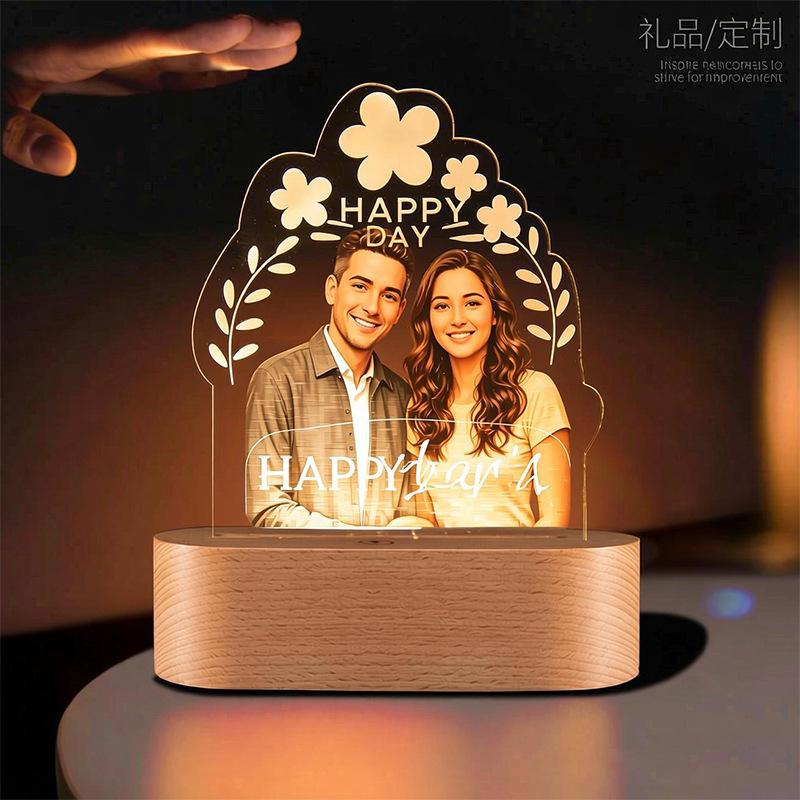 Photo Acrylic Night Light Custom Picture LED Lamp with Wooden Base for Mother's Day Father's Day Birthday Gifts Home Decor