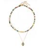 GEMCHIC Women's Colorful Natural Stone Beaded Layered Necklace Stainless Steel Geometric Pendant Choker