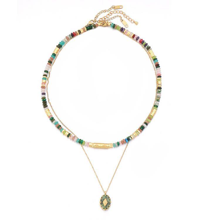 GEMCHIC Women's Colorful Natural Stone Beaded Layered Necklace Stainless Steel Geometric Pendant Choker