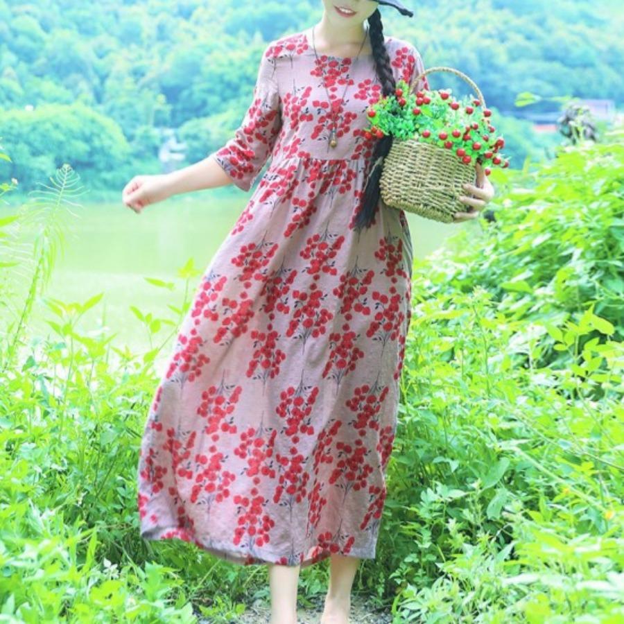 Этнический стиль Женское платье Лето Плюс Размер Принт Выше колена Рукав Семь Четвертей Длинные Платья