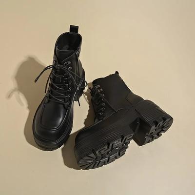 9СМ Осенние Ботинки на Толстой Подошве для Женщин Зима 2024 Теплые Универсальные Увеличивающие Рост Ботильоны Высокие Кожаные Ботинки