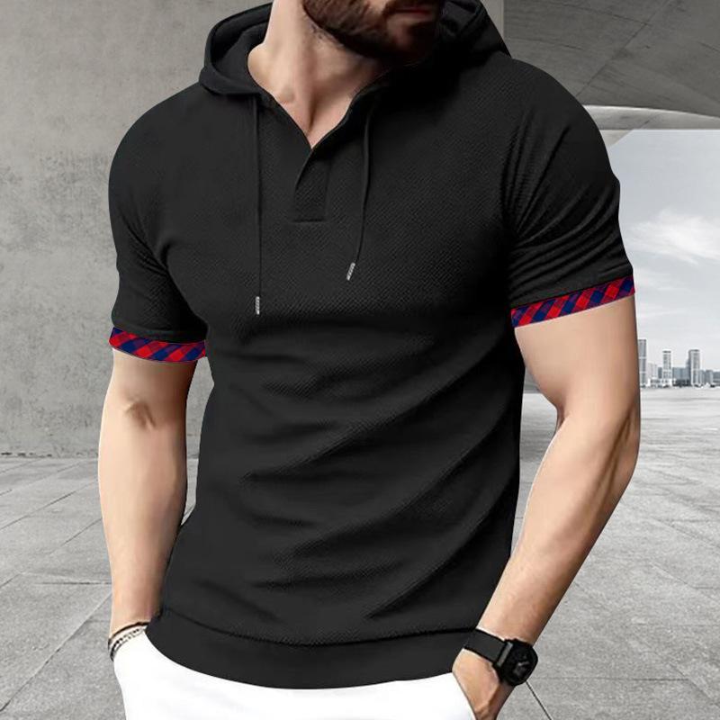 Мужская повседневная рубашка-henley с капюшоном и коротким рукавом